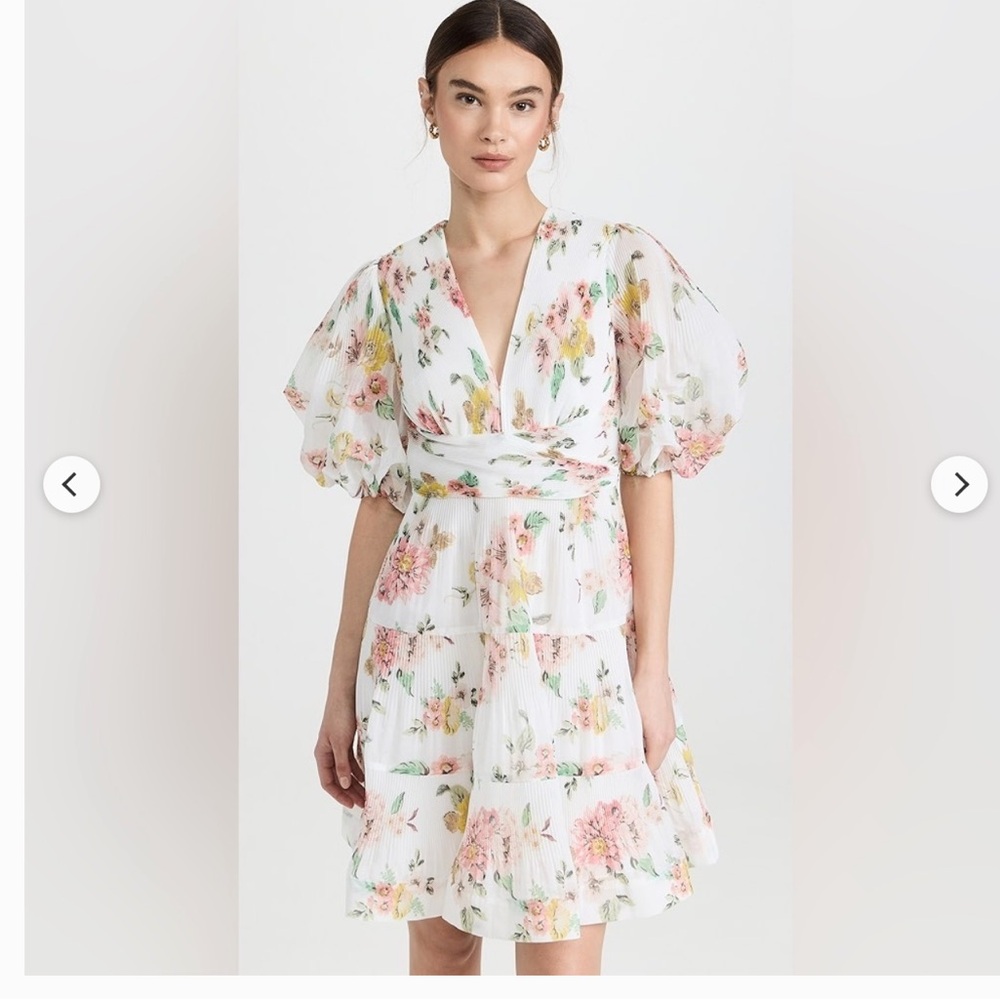 Zimmermann Pleated Mini Dress in White with Floral Print, Size 2 (US6)